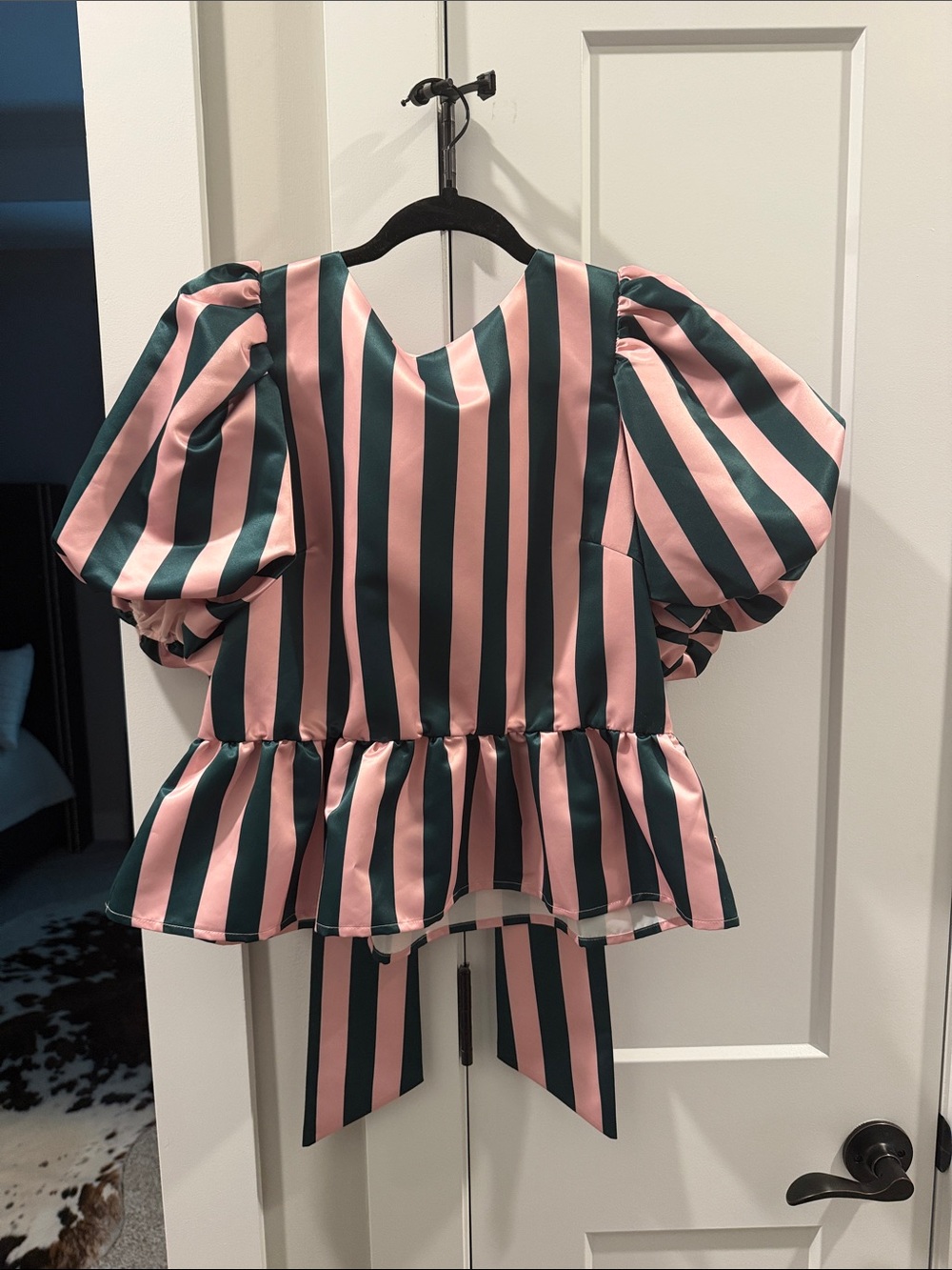 CROSBY by Mollie Burch Pink & Dark Green Vertical Stripe Peplum Top